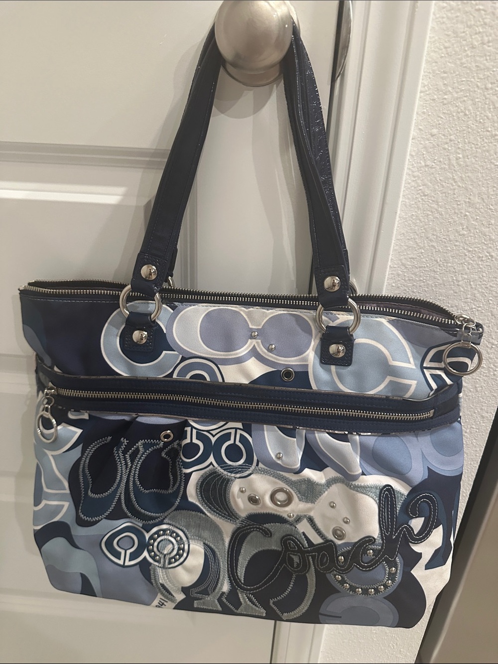 Coach Navy and Light Blue Graphic Shoulder Tote